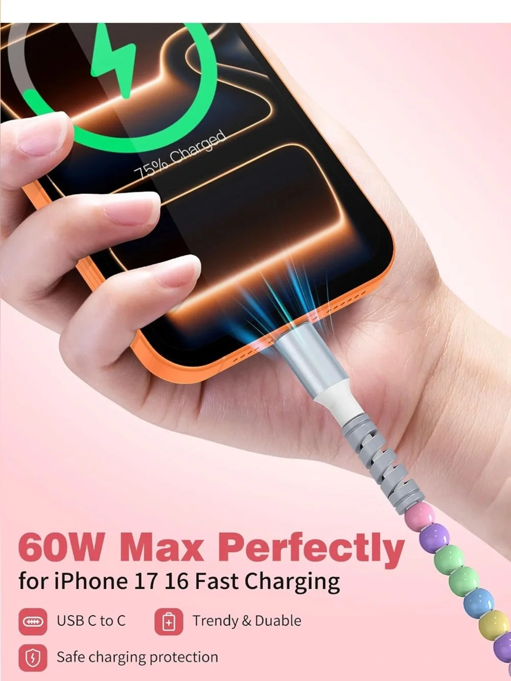 USB C to USB C Cable 1FT,60W Fast Charging Beaded Charger Cord 30CM